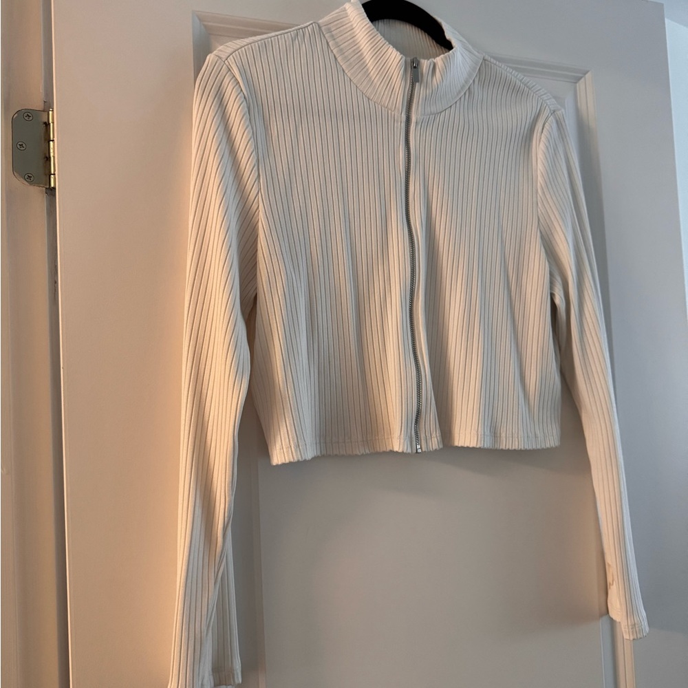 H&M Cream Ribbed Crop Zip-Up Long-Sleeve